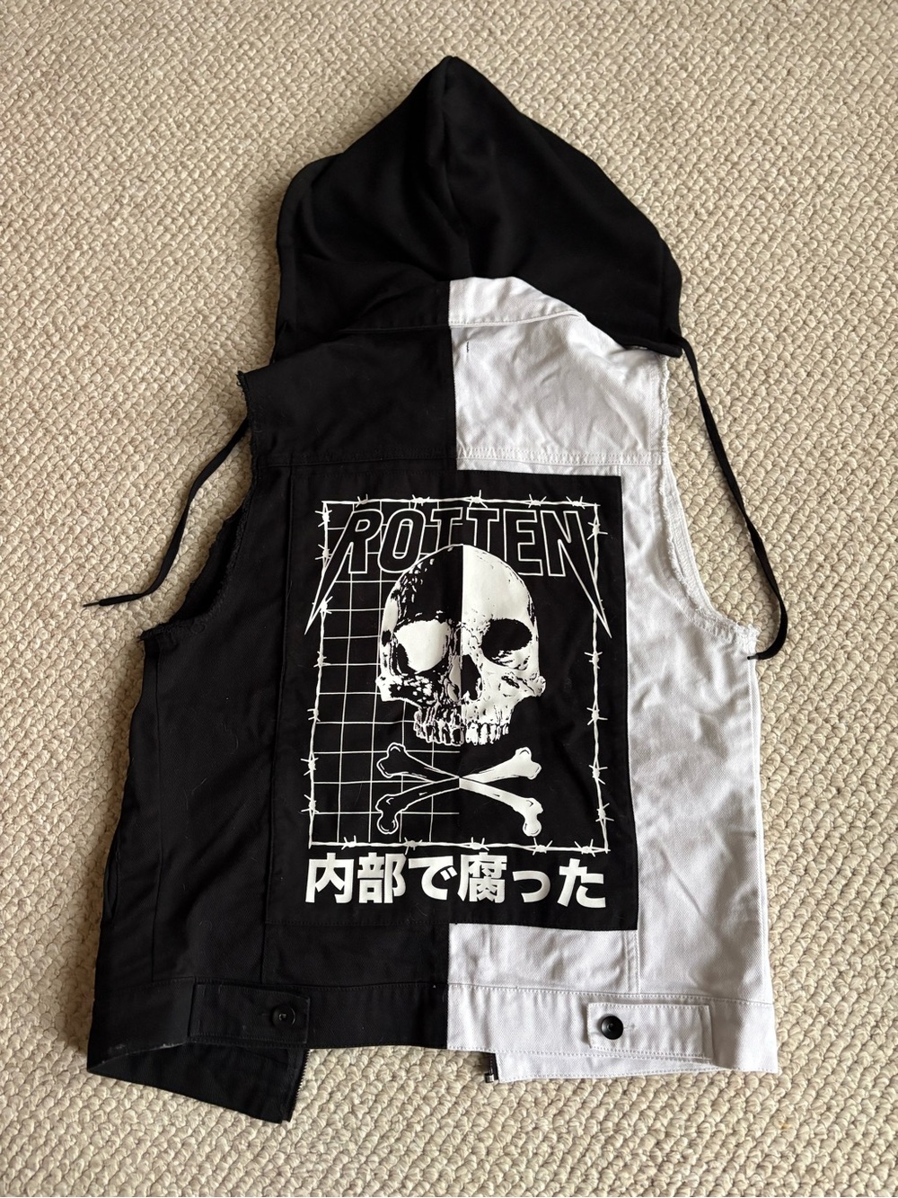 Two-Tone Black & White Hooded Vest with Skull Graphic
